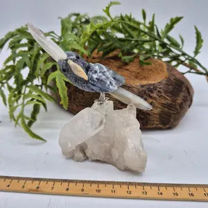 Vintage Gemstone Carved Parrot Bird, Sodalite Carved Bird with Agate Plumage on Raw Quartz Base