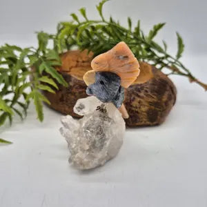 Sodalite Carved Bird with Orange Calcite Feathers on Raw Quartz Base – Gemstone Bird Figurine, Crystal Animal Sculpture, Nature Home Décor
