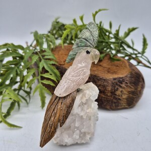 Rose Quartz Brazilian Parrot with Tiger Eye & Jade Feathers on Raw Quartz Base – Gemstone Bird Figurine, Crystal Animal Sculpture - RARE