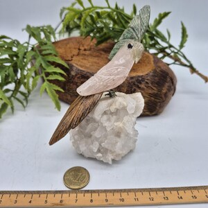 Rose Quartz Brazilian Parrot with Tiger Eye & Jade Feathers on Raw Quartz Base – Gemstone Bird Figurine, Crystal Animal Sculpture - RARE
