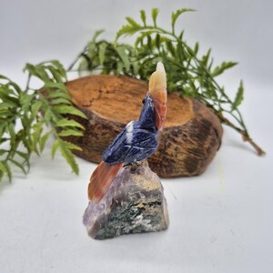 Sodalite Brazilian Bird with Orange Agate Feathers on Amethyst Cluster Base – Gemstone Bird Figurine, Crystal Animal Sculpture