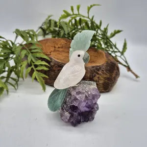 Rose Quartz Bird with Green Aventurine Details on Amethyst Cluster Base – Gemstone Bird Figurine, Crystal Animal Sculpture