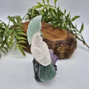 Rose Quartz Bird with Green Aventurine Details on Amethyst Cluster Base – Gemstone Bird Figurine, Crystal Animal Sculpture