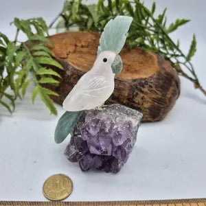 Rose Quartz Bird with Green Aventurine Details on Amethyst Cluster Base – Gemstone Bird Figurine, Crystal Animal Sculpture