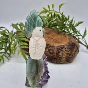 Rose Quartz Bird with Green Agate Feathers on Amethyst Cluster Base – Gemstone Bird Figurine, Crystal Animal Sculpture