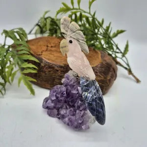 Rose Quartz Brazilian Bird on Amethyst Cluster Base with Agate & Sodalite Feathers – Gemstone Bird Figurine, Crystal Animal Sculpture