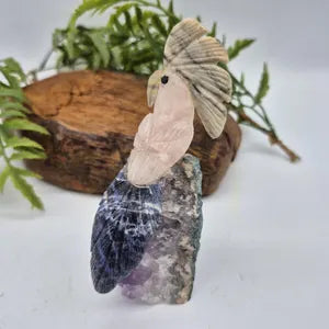Rose Quartz Brazilian Bird on Amethyst Cluster Base with Agate & Sodalite Feathers – Gemstone Bird Figurine, Crystal Animal Sculpture