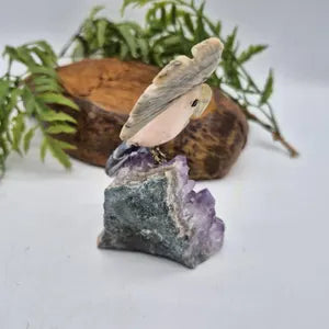 Rose Quartz Brazilian Bird on Amethyst Cluster Base with Agate & Sodalite Feathers – Gemstone Bird Figurine, Crystal Animal Sculpture