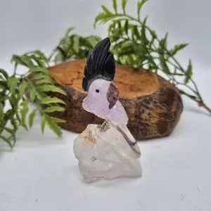 Amethyst Carved Brazilian Bird with Tourmaline and Agate Feathers on Quartz Point Base – Gemstone Bird Figurine, Crystal Animal Sculpture