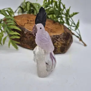 Amethyst Carved Brazilian Bird with Tourmaline and Agate Feathers on Quartz Point Base – Gemstone Bird Figurine, Crystal Animal Sculpture