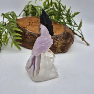 Amethyst Carved Brazilian Bird with Tourmaline and Agate Feathers on Quartz Point Base – Gemstone Bird Figurine, Crystal Animal Sculpture