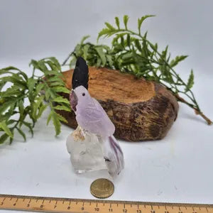 Amethyst Carved Brazilian Bird with Tourmaline and Agate Feathers on Quartz Point Base – Gemstone Bird Figurine, Crystal Animal Sculpture