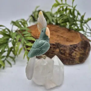 Green Aventurine Brazilian Carved Bird with Agate Details on Quartz Point Base , Vintage Gemstone Parrot Bird Sculpture