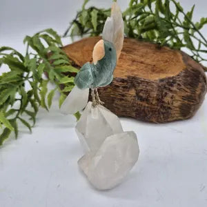 Green Aventurine Brazilian Carved Bird with Agate Details on Quartz Point Base , Vintage Gemstone Parrot Bird Sculpture