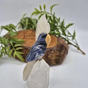 Sodalite Brazilian Parrot with Agate Feathers on Quartz Point Base – Gemstone Bird Figurine, Crystal Animal Sculpture