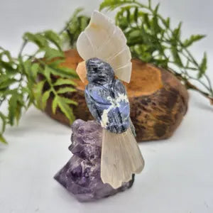 Sodalite Brazilian Carved Bird with Agate Details on Amethyst Cluster Base , Vintage Gemstone Parrot Bird Sculpture
