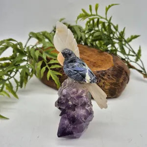 Sodalite Brazilian Carved Bird with Agate Details on Amethyst Cluster Base , Vintage Gemstone Parrot Bird Sculpture