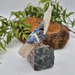 Sodalite Brazilian Carved Bird with Agate Details on Amethyst Cluster Base , Vintage Gemstone Parrot Bird Sculpture