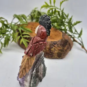 Jasper Carved Brazilian Bird on Amethyst Cluster, Crystal Bird Carving, Gemstone Bird Sculpture