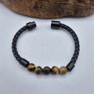 Tiger Eye Leather Bracelet with Magnetic Clasp, Unisex Brown Crystal Bracelet