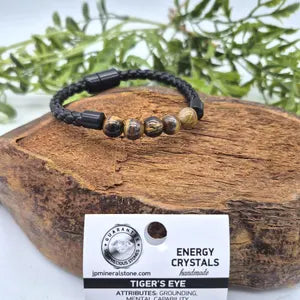 Tiger Eye Leather Bracelet with Magnetic Clasp, Unisex Brown Crystal Bracelet