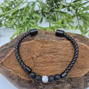 Lava and Howlite Braided Leather Bracelet with Magentic Clasp, Natural Volcanic Stone Wristband
