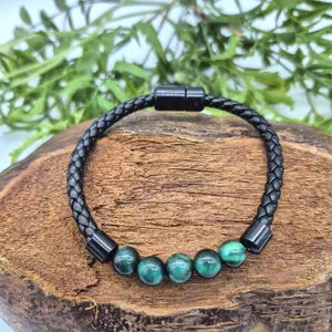 Malachite - Green Tiger Eye Leather Bracelet
