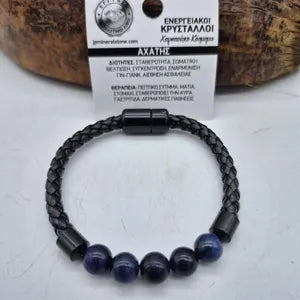 Blue Agate Leather Bracelet with Magnetic Clasp - Gemstone Wristband for Him