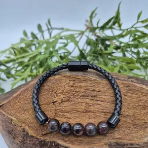Red Tiger Eye Leather Mens Bracelet with Magnetic Clasp