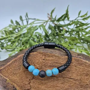Turquoise Howlite Crystal and Lava Stone Leather Bracelet with Magnnetic Clasp