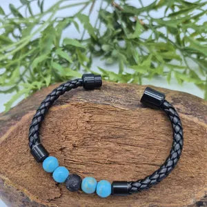 Turquoise Howlite Crystal and Lava Stone Leather Bracelet with Magnnetic Clasp