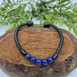 Lapis Lazuli Braided Leather Bracelet with Magnetic Clasp - Evil Eye Protection Bracelet for Men