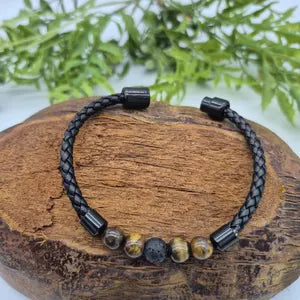 Tiger eye and Lava Beaded Leather Bracelet with Magneic Clasp, Crystal protection Wristband