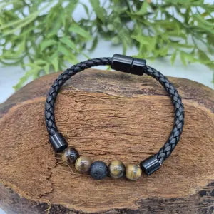Tiger eye and Lava Beaded Leather Bracelet with Magneic Clasp, Crystal protection Wristband