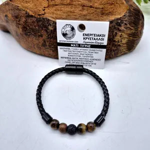 Tiger eye and Lava Beaded Leather Bracelet with Magneic Clasp, Crystal protection Wristband