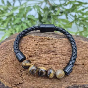 Tiger Eye Leather Bracelet with Magnetic Clasp, Unisex Brown Crystal Bracelet