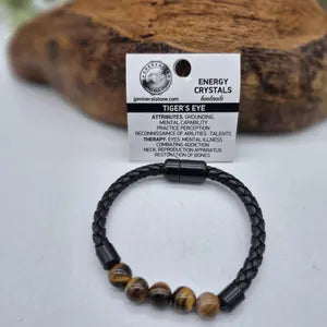 Tiger Eye Leather Bracelet with Magnetic Clasp, Unisex Brown Crystal Bracelet