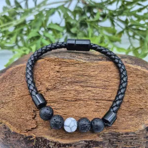 Lava and Howlite Braided Leather Bracelet with Magentic Clasp, Natural Volcanic Stone Wristband