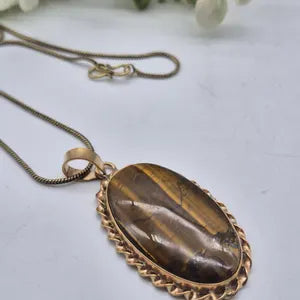 Tiger Eye Necklace with Brass Chain – 48cm – Handmade Brass Pendant
