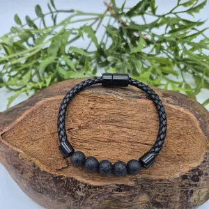 Volcanic Lava Stone Bracelet – Men’s Leather Wristband
