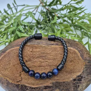 Blue Agate Leather Bracelet with Magnetic Clasp - Gemstone Wristband for Him