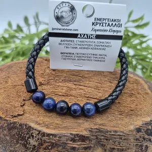 Blue Agate Leather Bracelet with Magnetic Clasp - Gemstone Wristband for Him