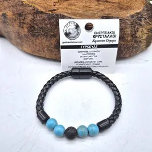 Turquoise Howlite Crystal and Lava Stone Leather Bracelet with Magnnetic Clasp