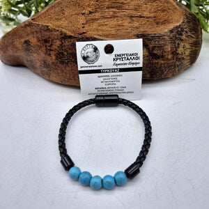 Turquoise Howlite Leather Bracelet – Men’s Magnetic Clasp Wristband, Healing Crystal Jewelry, Gift for Him