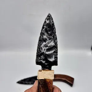 Raw Black Obsidian Knife - Crystal Decorative Knife with Wooden Handle