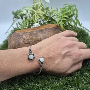 Double Moonstone Crystal Bracelet - Silver Plated Adjustable Cuff for Women