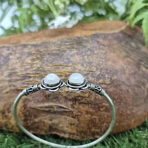 Double Moonstone Crystal Bracelet - Silver Plated Adjustable Cuff for Women