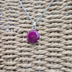Faceted Ruby Necklace 925 Sterling Silver Bezel Pendant - Steel Chain