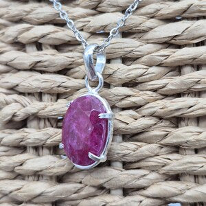 Faceted Ruby Necklace 925 Sterling Silver Bezel Pendant - Steel Chain