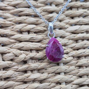 Faceted Ruby Necklace 925 Sterling Silver Bezel Pendant - Steel Chain